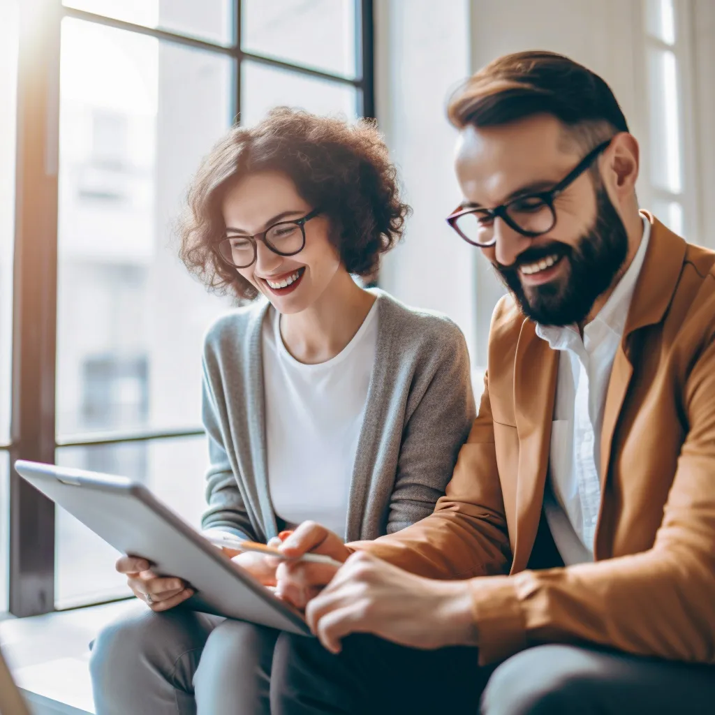 Une femme et un homme regardant une tablette