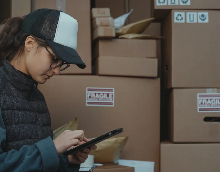 Une femme regardant une tablette devant des cartons
